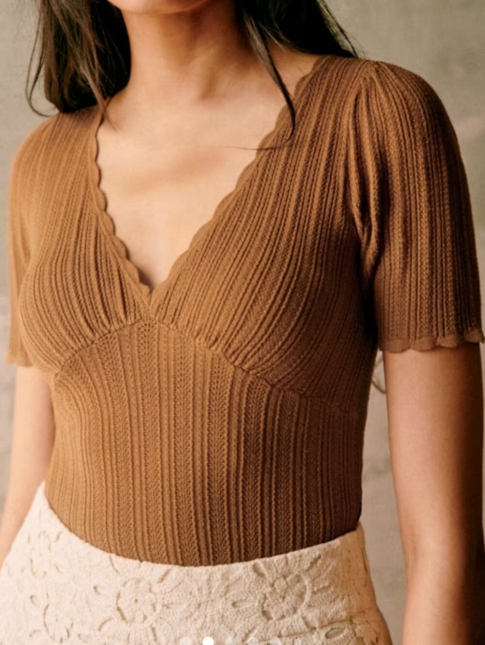 Sezane Cloe Jumper Top Knit Blouse Brown Short Sleeve Coffee Large